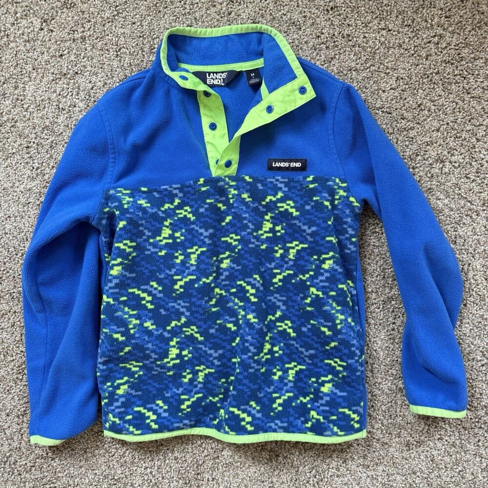 Lands End Fleece Pullover Snap Neck Kids Size 8 Blue Lime Green Camo